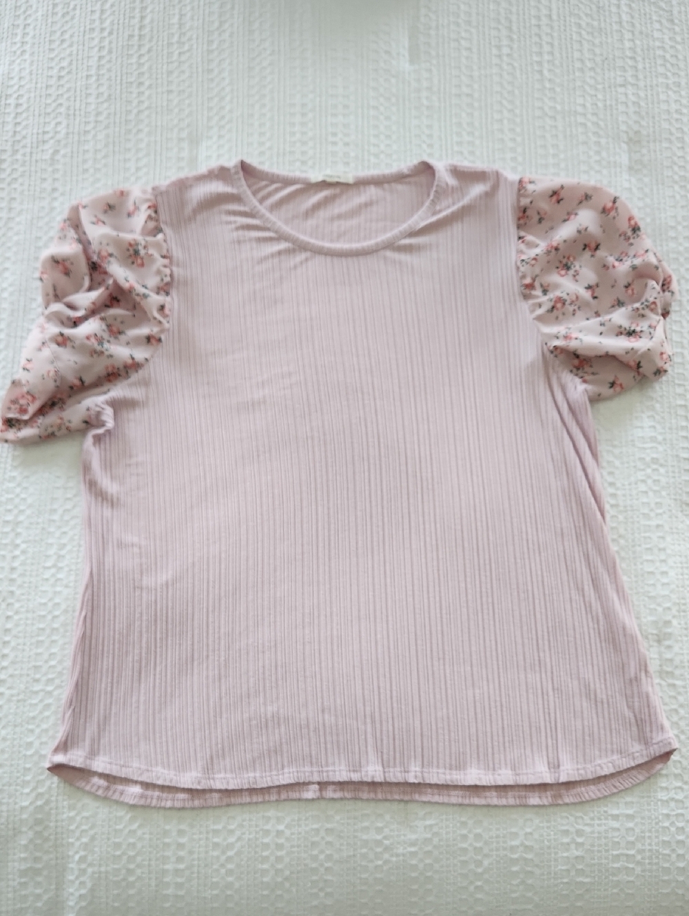 Maurices Blush Pink Ribbed Tunic with Floral Puff Sleeves